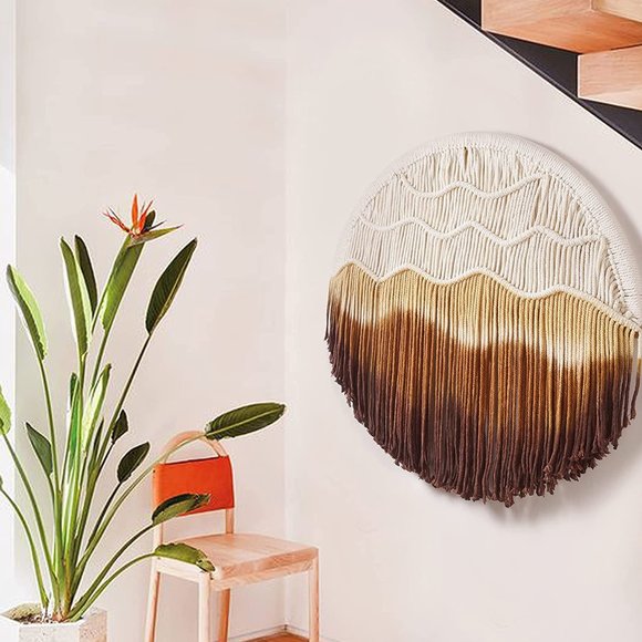 Bohemian Brown Ombré Cream Macrame Circle Hippie Indie Tie-Dye Dipped Home Decor - Picture 6 of 10